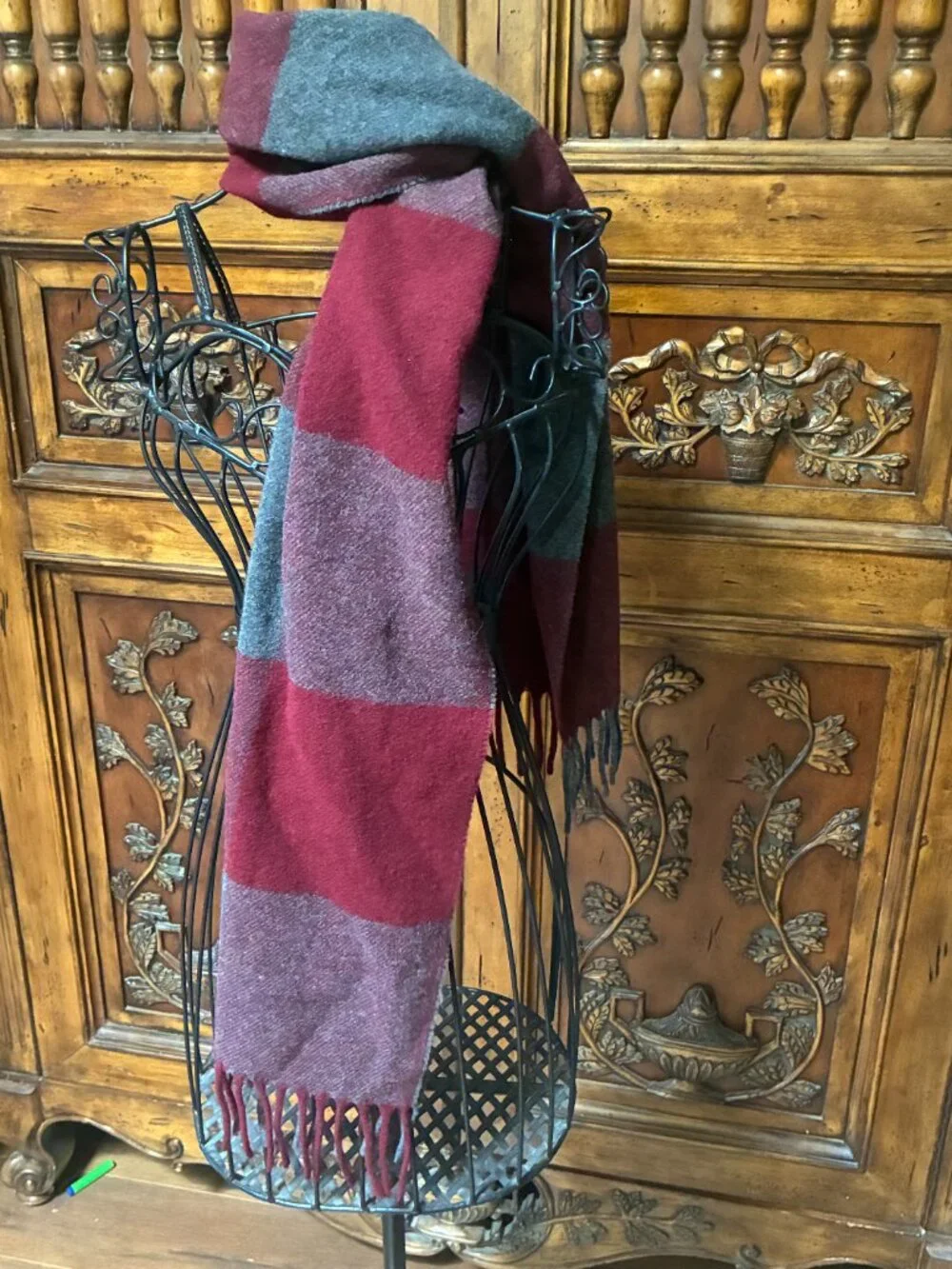 100% LAMBSWOOL Red Gray Checkered Plaid Scarf, Tasseled, Made in Italy Unisex...